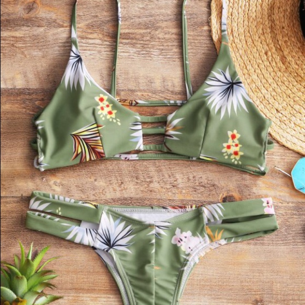floral ladder cut out thong bikini